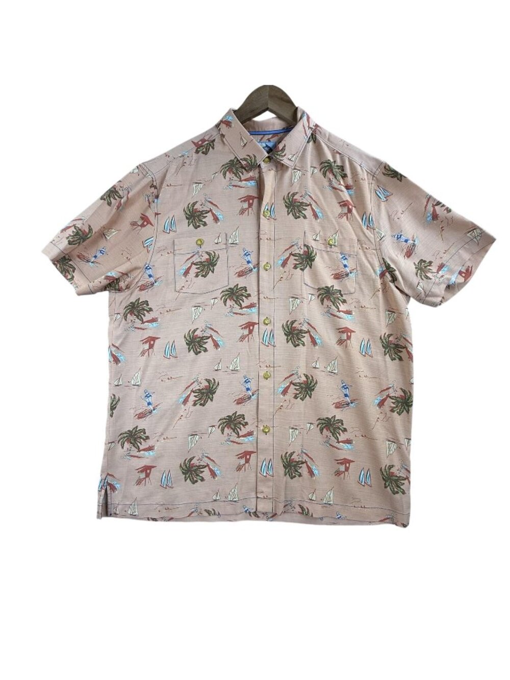 Tommy Bahama Shirt Mens Large Beige Silk Hawaiian Button Up Island Modern Fit